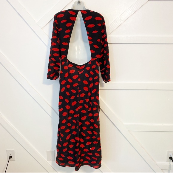 Rixo Rose Lip Print V-Neck Long Sleeve Open Back Ruffle Front Silk Midi Dress L - Picture 8 of 13